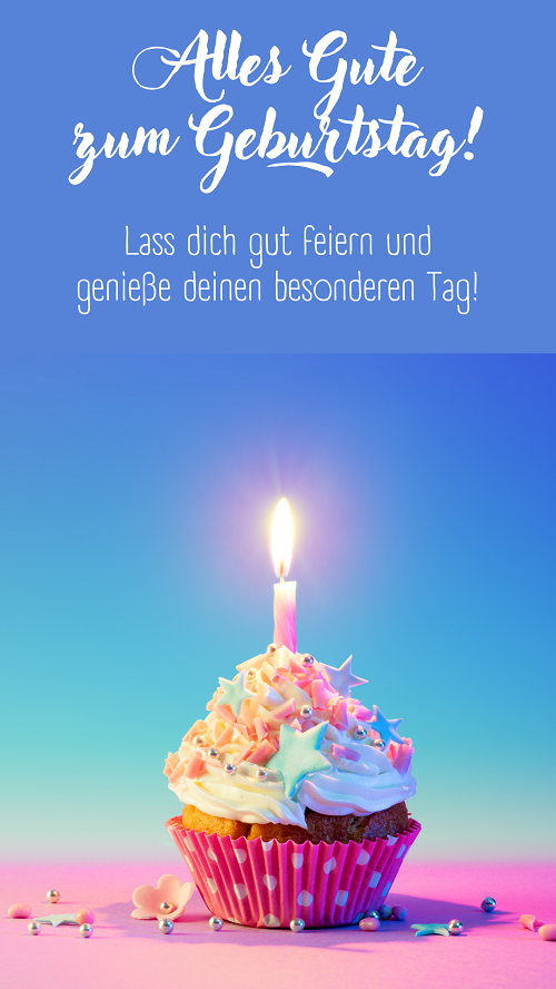 Alles Gute zum Geburtstag! Geburtstagsbild mit dem Törtchen und mit einer brennenden Kerze - Moonzori Glückwünsche